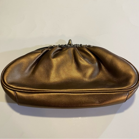 Bronze vegan leather clutch with brass hardware and rhinestones, GUC no strap - Picture 2 of 10